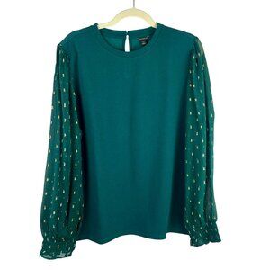 NEW Ann Taylor Sheer Sleeve Blouse Shirt Women XXL Green Gold Metallic Polka Dot